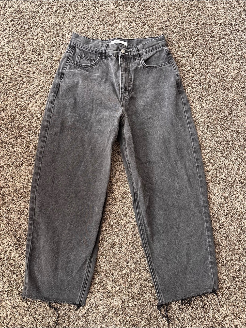 Oak + Fort Washed Black High Waisted Wide Leg Jeans Raw Frayed Hem 28